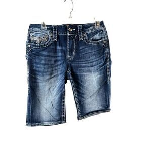 Rock Revival Leyah Bermuda Denim Shorts 28 Embellished Fleur De Lis Bling